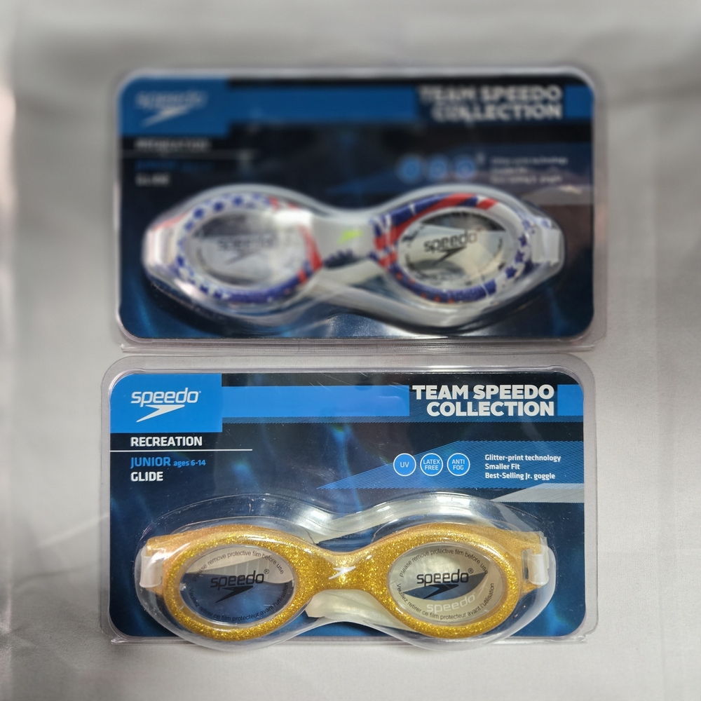 Lot of 2 NEW Speedo Junior Glide Swim Goggles Ages 6-14 USA Gold Anti Fog